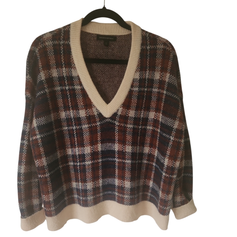 Banana Republic Women's Plaid Brown Oversized WoolMohair Pullover Sweater SizeXS